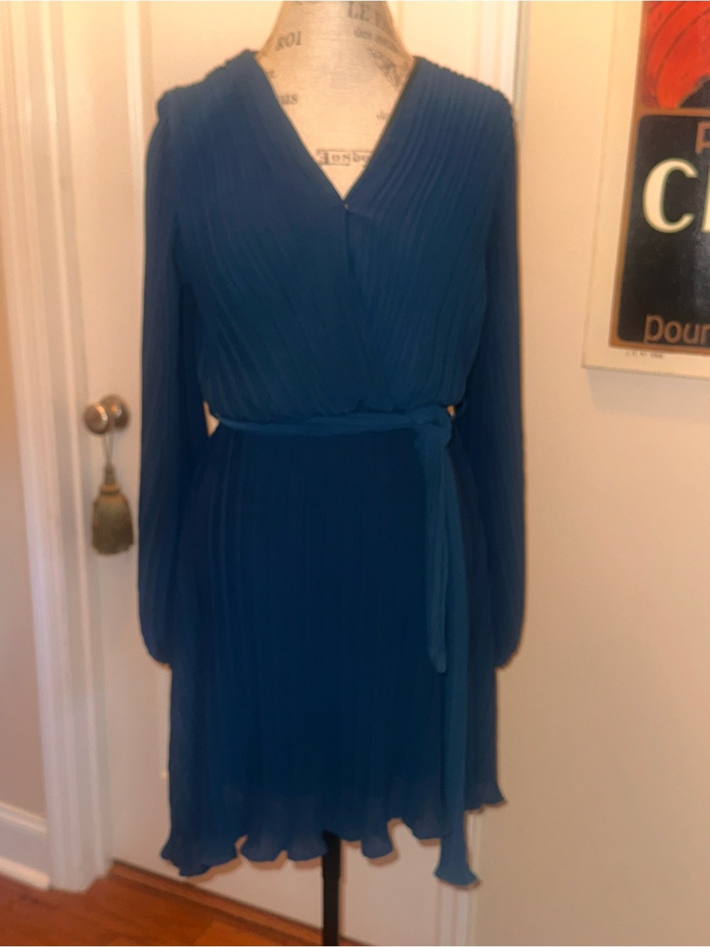 She + Sky Teal Pleated Long-Sleeve Wrap Dress